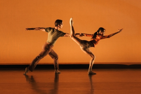 Dancers on stage with arms and legs extended
