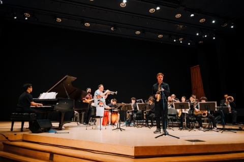 Jazz orchestra members during a performance