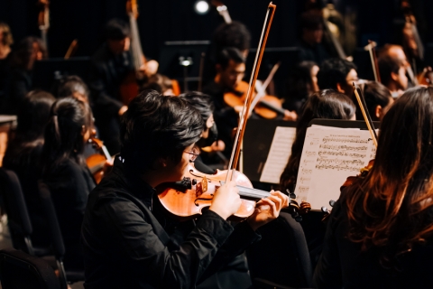 Closeup of symphony members performing