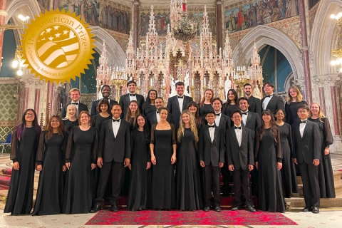 UC Irvine Chamber Singers pose inside cathedral