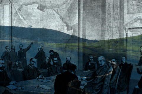 Layered, surreal composition blending an old engraved illustration of a formal 19th-century meeting